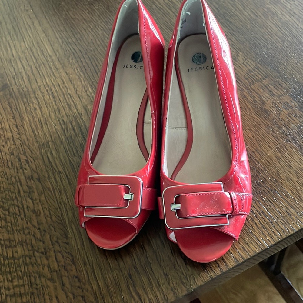 Patent red leather open toed wedges